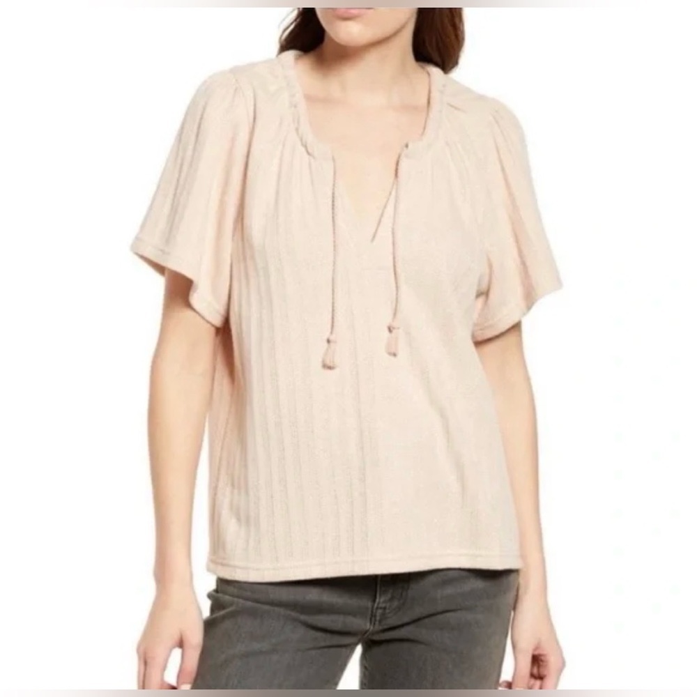 Madewell Ribbed Tassel Tie Top XS Blush‎ Cotton Blend Short Sleeve Blouse